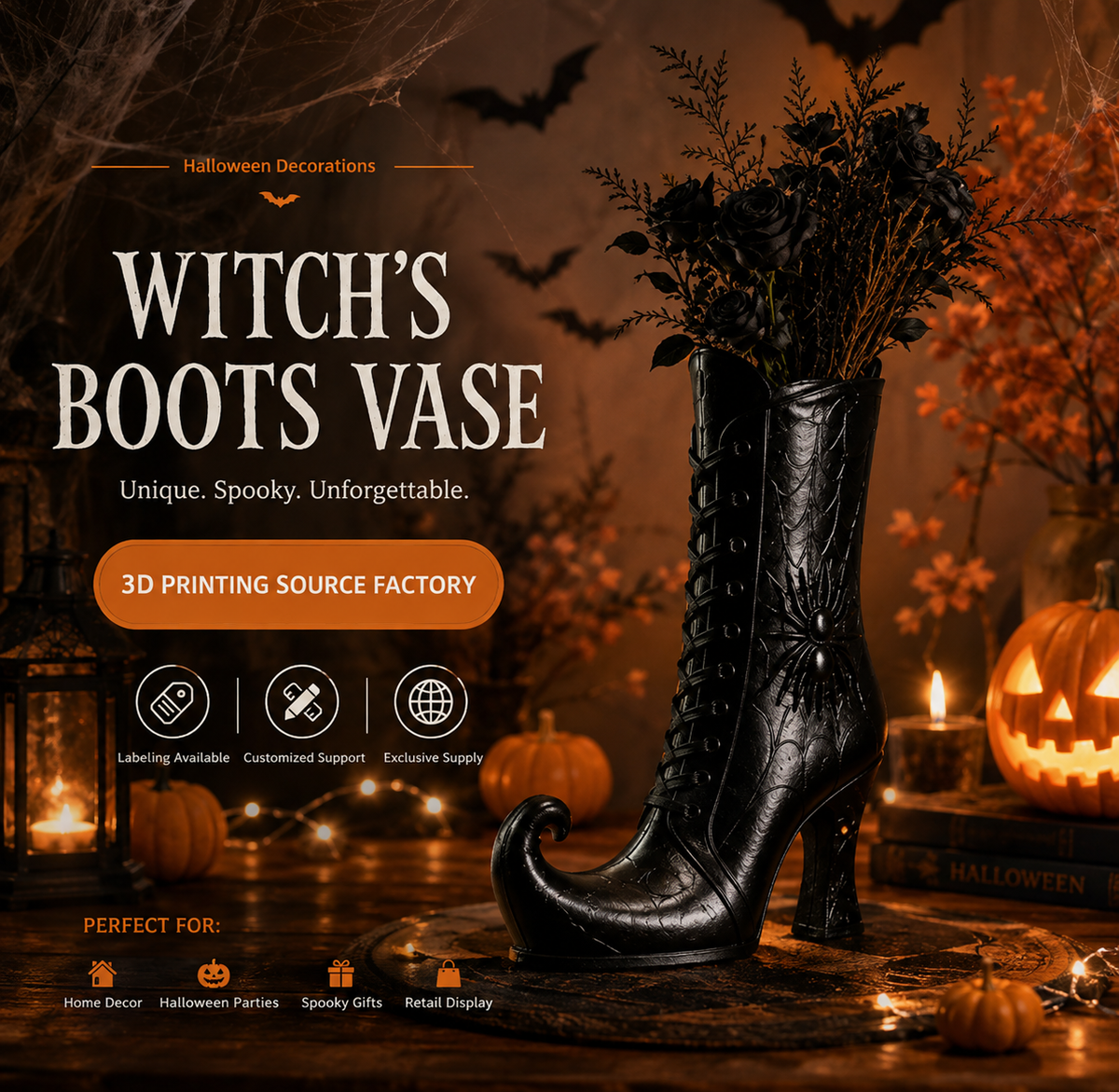 Witch's Boot Vase — Gothic Spider Web Décor